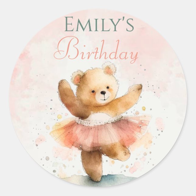 Little bear ballerina watercolor pink Birthday  Classic Round Sticker (Front)