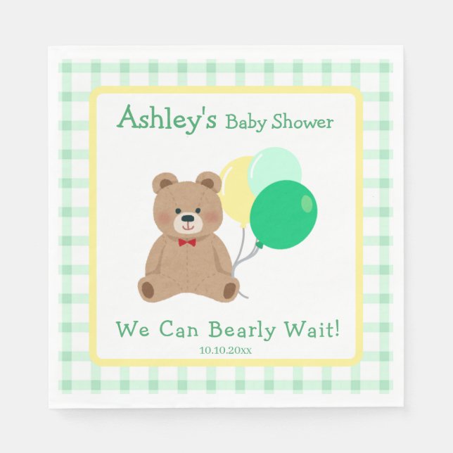 Little Bear + Balloons Gender Neutral Baby Shower Napkin (Front)