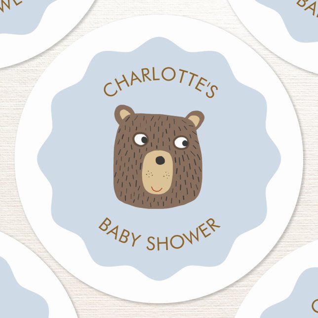 Little Bear Cub Baby Shower Personalised Classic Round Sticker (Adorable little teddy bear cub personalized baby shower party stickers)