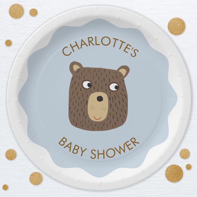 Little Bear Cub Baby Shower Personalised Paper Plate (Adorable little teddy bear cub personalized baby shower party paper plates)