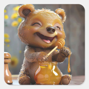 Little bear eating honey square sticker
