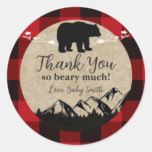 Little Bear Flannel Lumberjack Thank You  Classic Round Sticker (Front)