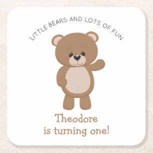 Little Bear Is Turning One 1st Birthday Square Paper Coaster