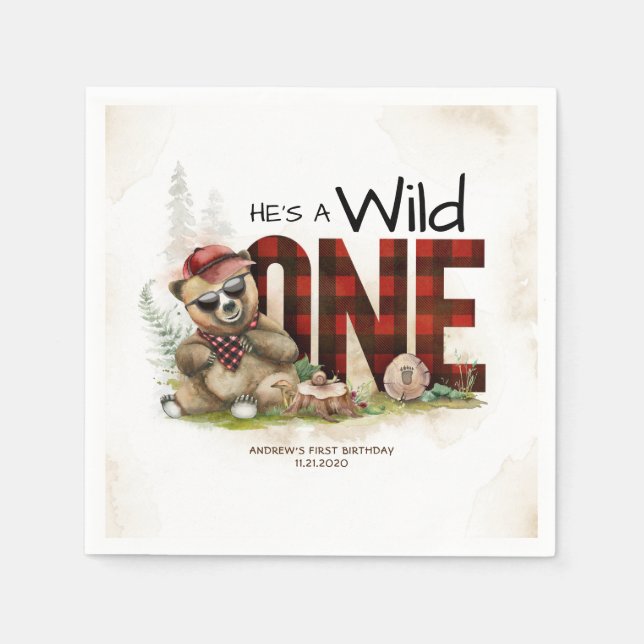Little Bear Lumberjack Wild One Birthday Napkin (Front)