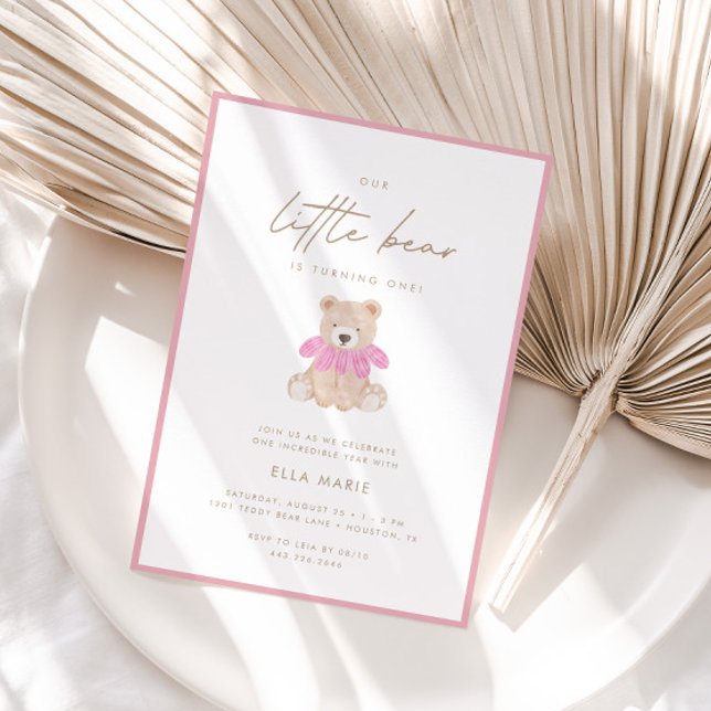 Little Bear – Modern Pink Floral Girl 1st Birthday Invitation (Creator Uploaded)