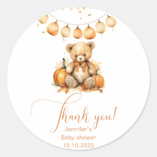 Little bear pumpkin fall baby shower thank you classic round sticker