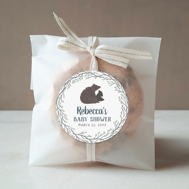 Little Bear Rustic Baby Shower Classic Round Sticker (Creator Uploaded)