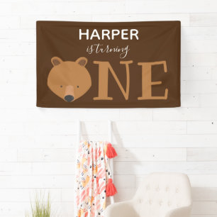 Little Bear Turning One Animal First Birthday Banner