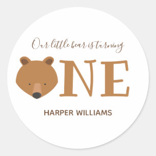 Little Bear Turning One Cute Animal First Birthday Classic Round Sticker