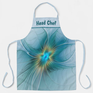Little Beauty Modern Blue Gold Fractal Art Flower Apron