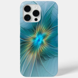 Little Beauty Modern Blue Gold Fractal Art Flower iPhone 15 Pro Max Case