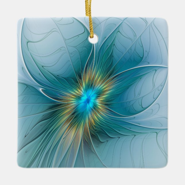 Little Beauty Modern Blue Gold Fractal Art Flower Ceramic Ornament (Front)