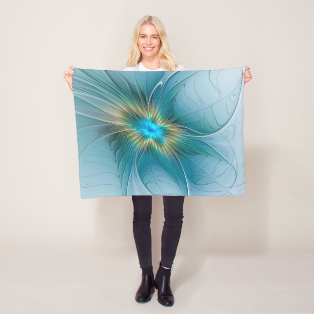 Little Beauty Modern Blue Gold Fractal Art Flower Fleece Blanket (In Situ)
