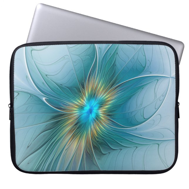 Little Beauty Modern Blue Gold Fractal Art Flower Laptop Sleeve (Front)