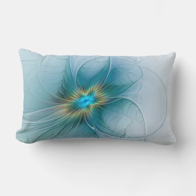 Little Beauty Modern Blue Gold Fractal Art Flower Lumbar Cushion (Front)