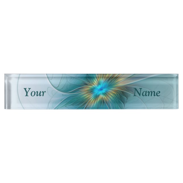 Little Beauty Modern Blue Gold Fractal Art Flower Nameplate (Front)