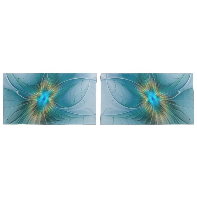 Little Beauty Modern Blue Gold Fractal Art Flower Pillowcase (Front-Set)