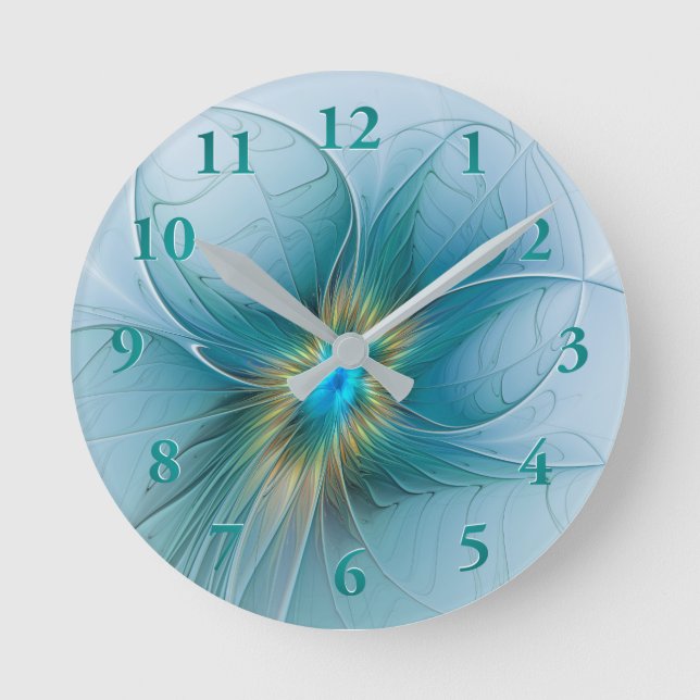 Little Beauty Modern Blue Gold Fractal Art Flower Round Clock (Front)