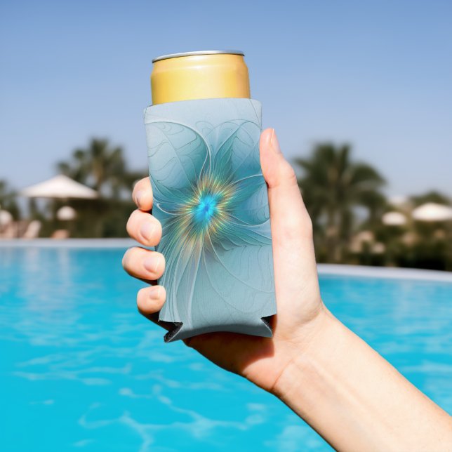 Little Beauty Modern Blue Gold Fractal Art Flower Seltzer Can Cooler (In Situ Pool)