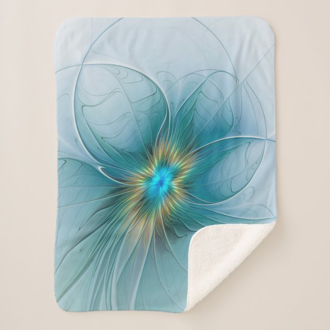 Little Beauty Modern Blue Gold Fractal Art Flower Sherpa Blanket (Front)