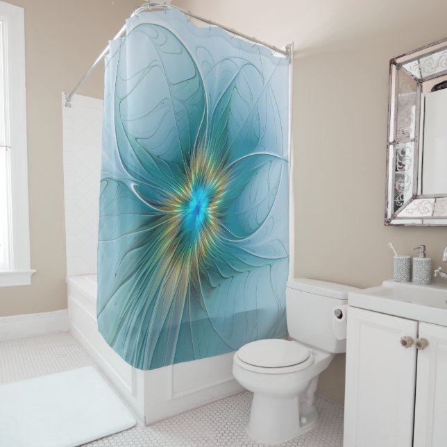 Little Beauty Modern Blue Gold Fractal Art Flower Shower Curtain (In Situ)