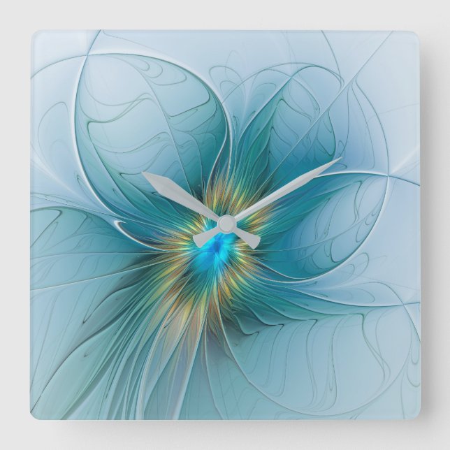 Little Beauty Modern Blue Gold Fractal Art Flower Square Wall Clock (Front)