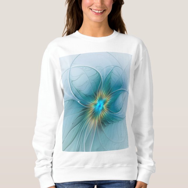 Little Beauty Modern Blue Gold Fractal Art Flower Sweatshirt (Front)