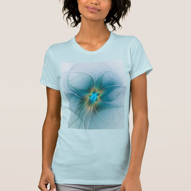 Little Beauty Modern Blue Gold Fractal Art Flower T-Shirt (Front)