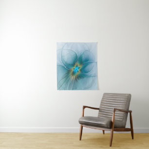 Little Beauty Modern Blue Gold Fractal Art Flower Tapestry