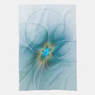 Little Beauty Modern Blue Gold Fractal Art Flower Tea Towel