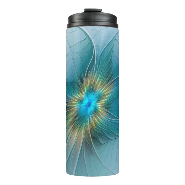 Little Beauty Modern Blue Gold Fractal Art Flower Thermal Tumbler (Front)