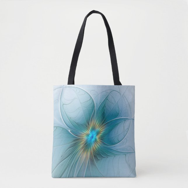 Little Beauty Modern Blue Gold Fractal Art Flower Tote Bag (Front)