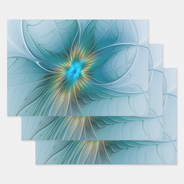 Little Beauty Modern Blue Gold Fractal Art Flower Wrapping Paper Sheet (Set)