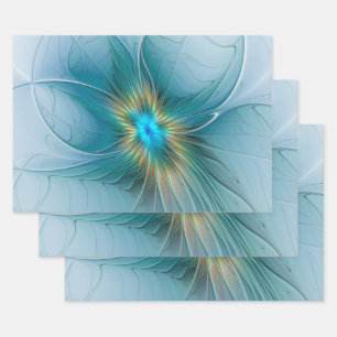 Little Beauty Modern Blue Gold Fractal Art Flower Wrapping Paper Sheet