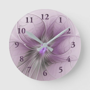Little Beauty Modern Mauve Grey Fractal Art Flower Round Clock