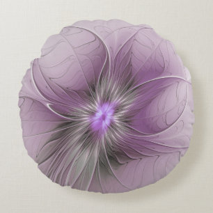 Little Beauty Modern Mauve Grey Fractal Art Flower Round Cushion