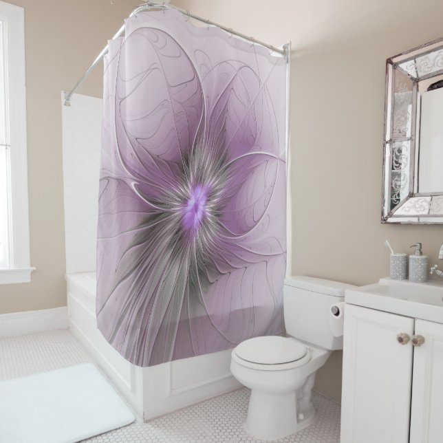 Little Beauty Modern Mauve Grey Fractal Art Flower Shower Curtain (In Situ)