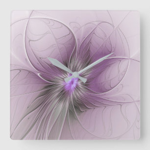 Little Beauty Modern Mauve Grey Fractal Art Flower Square Wall Clock