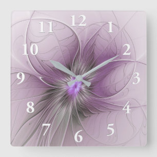 Little Beauty Modern Mauve Grey Fractal Art Flower Square Wall Clock