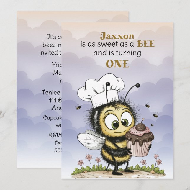 Little Bee Baby Boy First Birthday Invitation (Front/Back)
