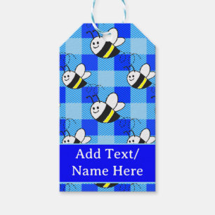 Little Bee Blue Plaid Pattern Custom Name Gift Tags