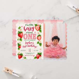 Little Berry Is One Strawberry 1st Birthday Photo Invitation