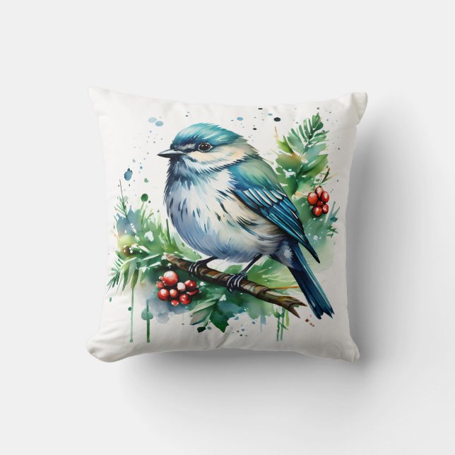 Little Bird and Christmas Greens Cushion (Front)
