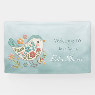 Little Bird Blue Pink Flowers Baby Shower Banner