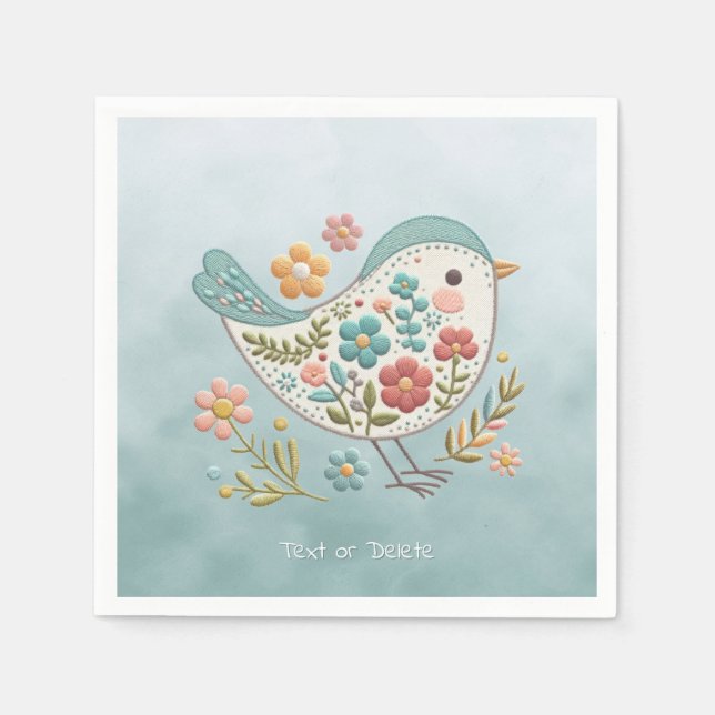 Little Bird Blue Pink Flowers Napkins (Front)
