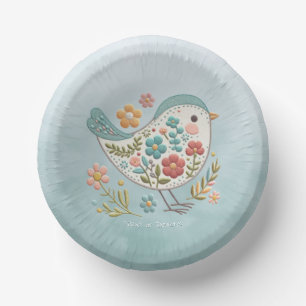 Little Bird Blue Pink Flowers Paper Bowl Plate