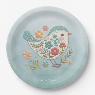 Little Bird Blue Pink Flowers Paper Plate