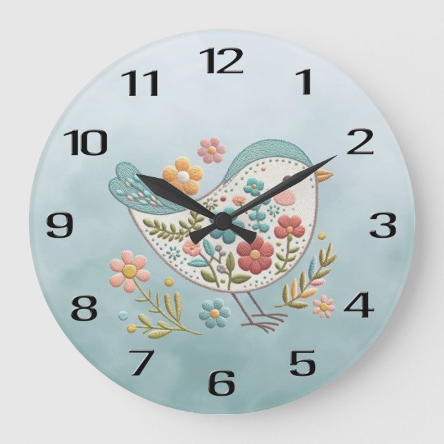 Little Bird Blue Pink Flowers Wall Clock (Front)