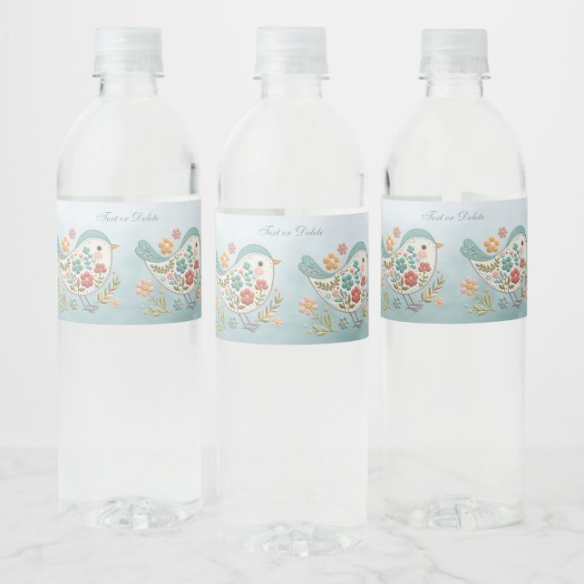 Little Bird Blue Pink Flowers Water Bottle Label (Bottles)
