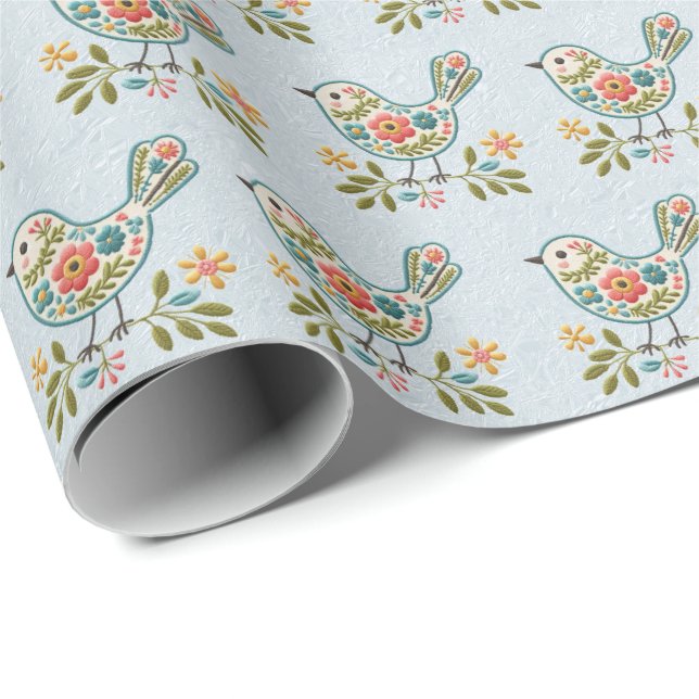 Little Bird Blue Pink Flowers Wrapping Paper (Roll Corner)